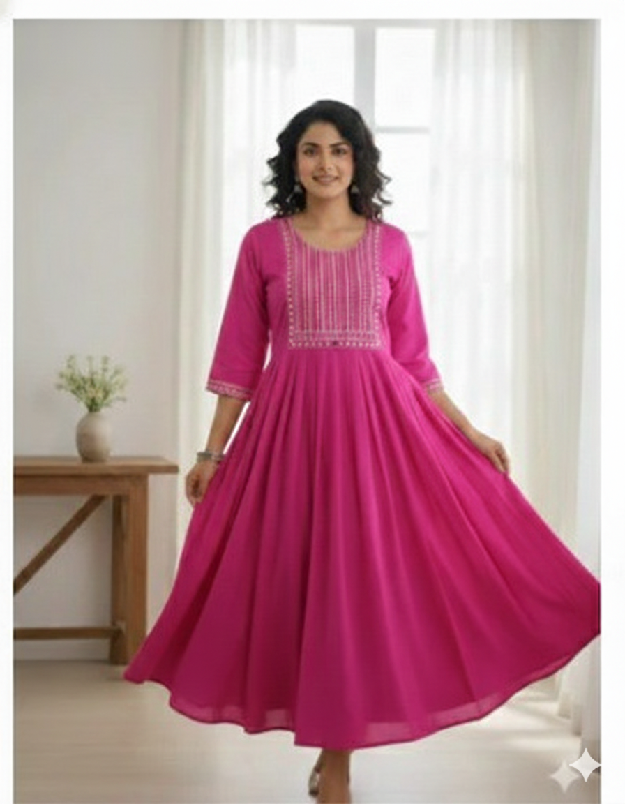 Rani Pink Embroidered Anarkali Kurti – Elegant Flowy Ethnic Wear