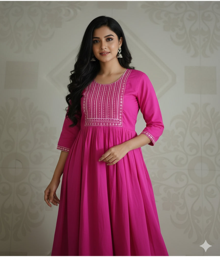 Rani Pink Embroidered Anarkali Kurti – Elegant Flowy Ethnic Wear