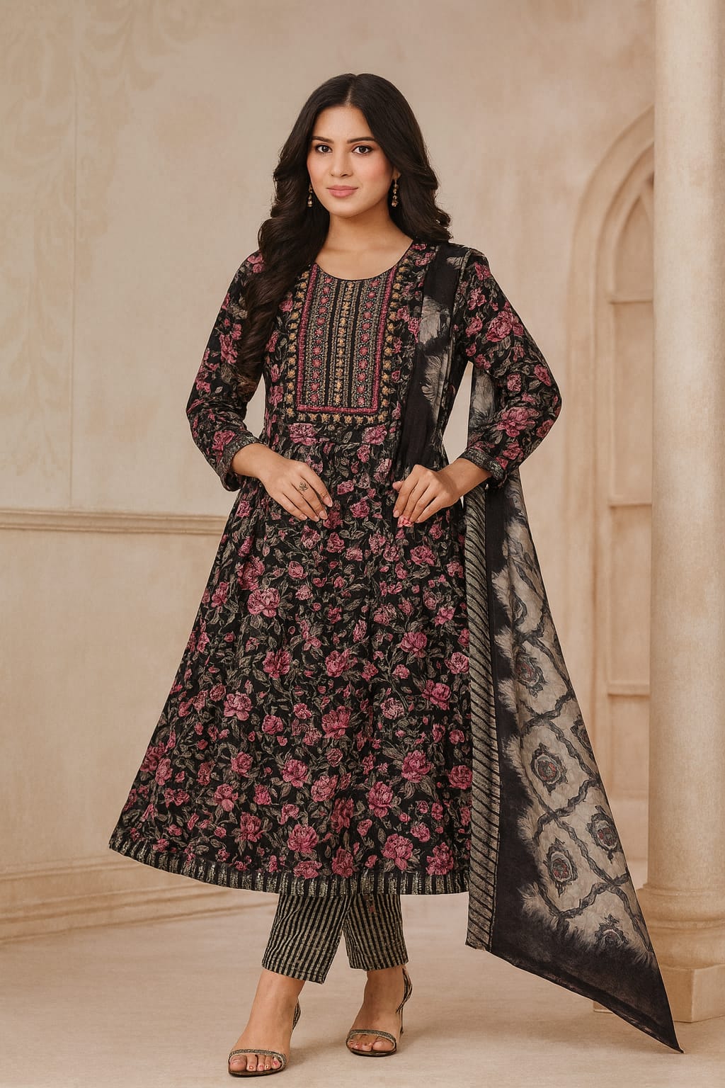 Premium Black Floral Anarkali Kurti Set with Dupatta