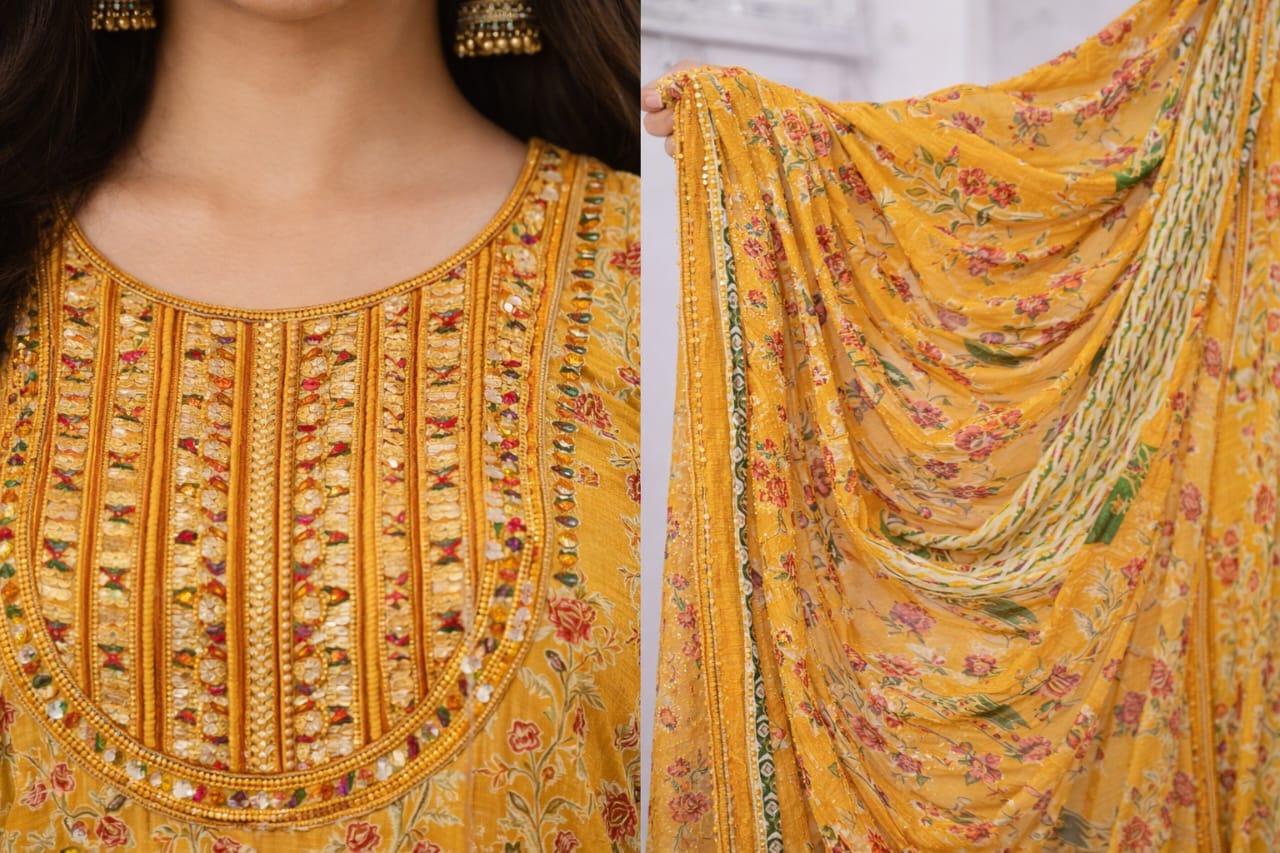 Sunshine Yellow Floral  Anarkali Kurti Set with Dupatta – Premium Cotton Collection