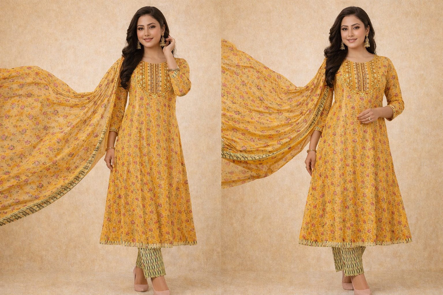 Sunshine Yellow Floral  Anarkali Kurti Set with Dupatta – Premium Cotton Collection