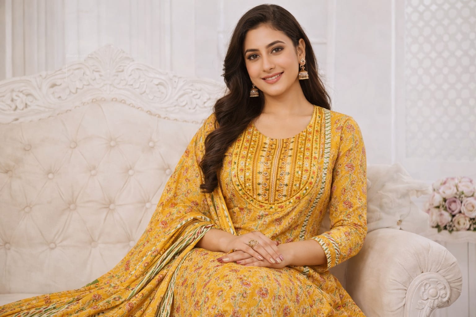 Sunshine Yellow Floral  Anarkali Kurti Set with Dupatta – Premium Cotton Collection