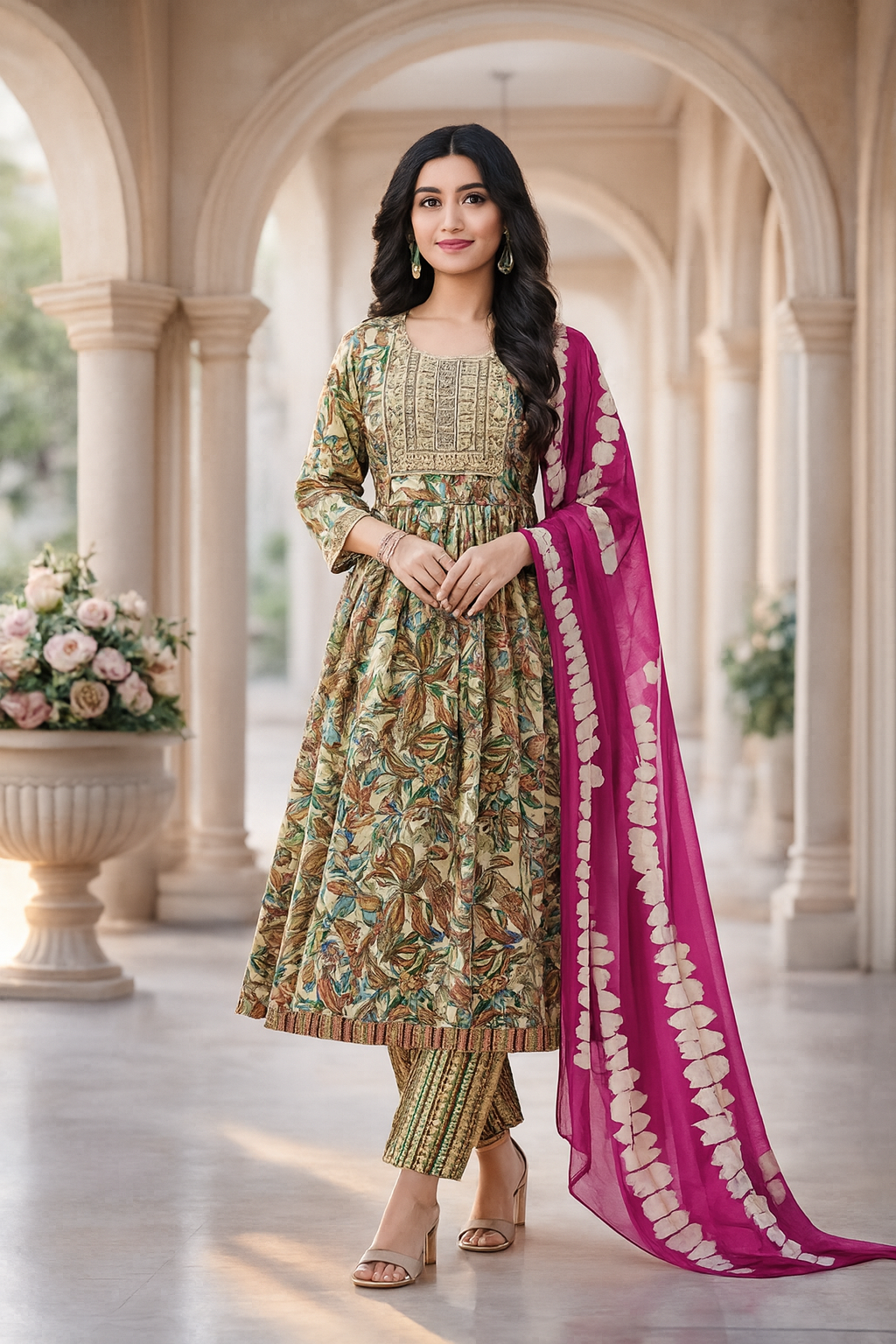 Heritage Mughal Print Anarkali Kurti Set with Contrast Dupatta