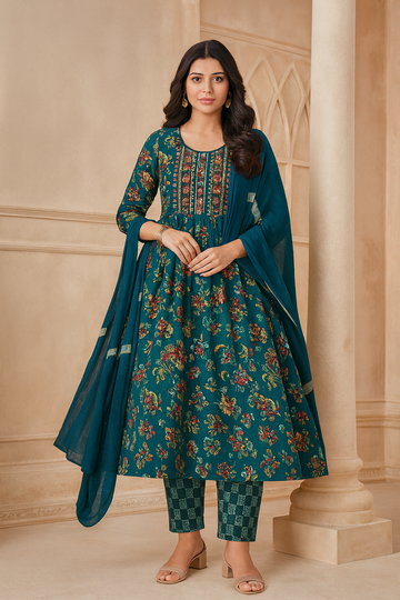 Teal Floral Anarkali Kurti Set with Dupatta