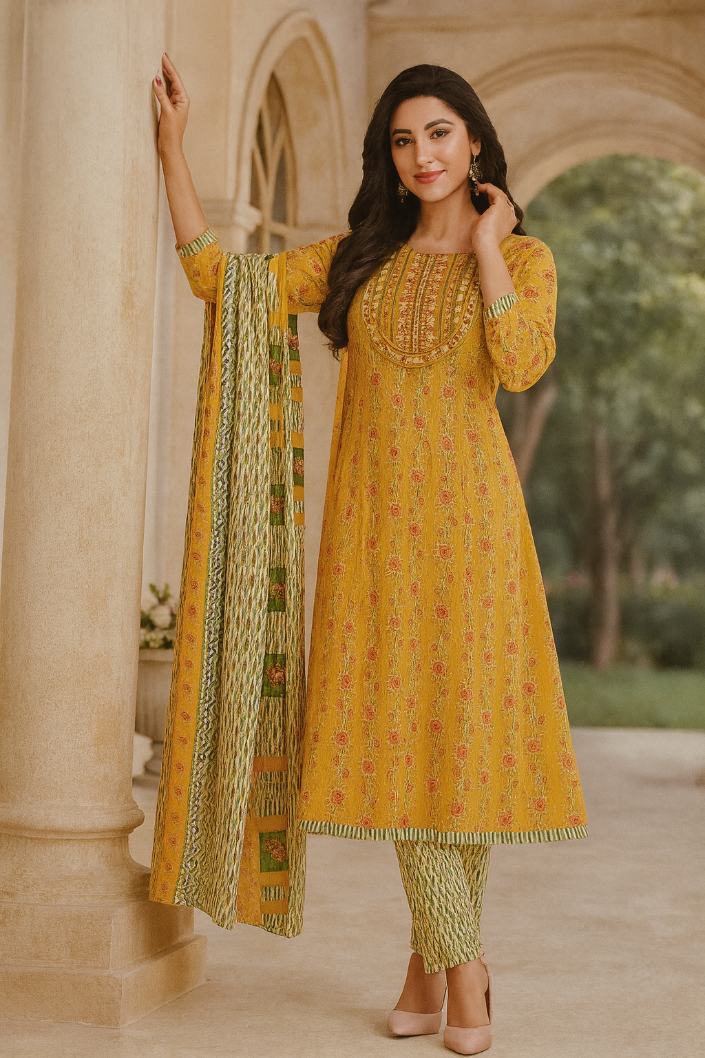 Sunshine Yellow Floral  Anarkali Kurti Set with Dupatta – Premium Cotton Collection