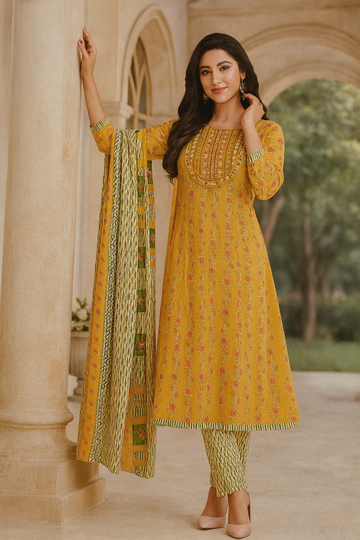 Sunshine Yellow Floral  Anarkali Kurti Set with Dupatta – Premium Cotton Collection