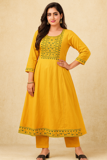 Mustard Yellow Embroidered Anarkali Kurti – Timeless Elegant Ethnic Wear